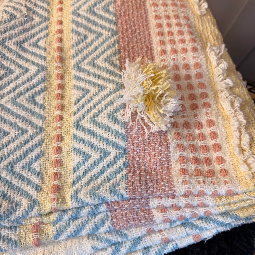 Tassel Boho Throw Blanket Cream yellow blue multi Striped 80%Cotton Indian50”x64 - Picture 10 of 10
